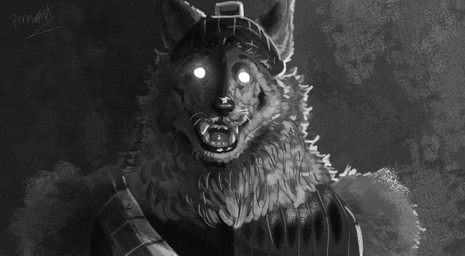 anthro clothed clothing creepy fangs fur glowing glowing_eyes hat headgear headwear horror_(theme) looking_at_viewer male simple_background smile solo teeth tongue pinumontbalou epic_games fortnite wendell_(fortnite) canid canine canis mammal wolf hi_res monochrome