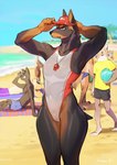 anthro athletic athletic_female barely_visible_genitalia barely_visible_pussy beach black_body black_fur breasts brown_body brown_fur camel_toe clothing countershading detailed_background female flat_chested fur genitals grey_eyes hat headgear headwear ineffective_clothing kemono lifeguard lifeguard_swimsuit multicolored_body multicolored_fur muscular muscular_anthro muscular_female nipple_outline nipples one-piece_swimsuit outside pussy sea seaside small_breasts solo standing swimwear tail text text_on_clothing text_on_hat text_on_headwear toned_female toned_muscles translucent translucent_clothing translucent_swimwear two_tone_body two_tone_fur water whistle_(object) bebebebebe doberman_lifeguard_(inax) canid canine canis dobermann domestic_dog mammal pinscher 2021 hi_res portrait three-quarter_portrait