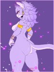 anthro armlet bracelet breasts butt ear_piercing ear_ring female fur fur_markings gold_(metal) gold_jewelry jewelry markings orange_eyes particles piercing pupils purple_background purple_body purple_fur ring_piercing simple_background slit_pupils solo sparkles thick_thighs white_body white_fur white_pupils nadacheruulewd trials_of_mana belladonna_(trials_of_mana) felid feline mammal 3:4 hi_res