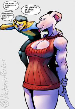 anthro duo female human_on_anthro interspecies larger_female male male/female size_difference speech_bubble text voluptuous_anthro voluptuous_female beltimerperbus image_comics invincible_(image_comics) invincible_(character) mark_grayson thokk's_daughter felid human lion mammal pantherine absurd_res hi_res spanish_text translation_request