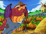 anthro belly big_belly bubble clothed clothing cloud day detailed_background eyebrows eyes_closed farmer fence food fruit garden hat headgear headwear hoe horn male membrane_(anatomy) membranous_wings outside overalls overalls_only overweight overweight_anthro overweight_male plant pumpkin redneck sky sleeping smile solo standing tail teeth text tools windmill wings deadanthro activision mythology spyro_reignited_trilogy spyro_the_dragon cyprin_(spyro) rescued_dragons_(spyro) dragon mythological_creature mythological_scalie scalie 2022 hi_res signature url