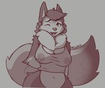 anthro big_breasts bodily_fluids bottomless breasts clothed clothing female grey_background hair lactating lactating_through_clothing navel nipple_outline one_eye_closed open_mouth shirt simple_background smile solo tail topwear wet wet_clothing mewmus wolf_girl_(einshelm) canid canine canis mammal wolf 2023 digital_media_(artwork)