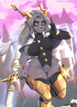 anthro antlers big_breasts breasts eyes_closed featureless_crotch female fur gold_(metal) gold_jewelry grey_body grey_fur grey_hair hair horn jewelry outside solo weapon galacticmichi pseudoregalia sybil_(pseudoregalia) bovid caprine goat hybrid jackalope lagomorph leporid mammal rabbit 2024 digital_media_(artwork)
