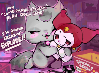 ambiguous_gender anthro arms_bent bent_legs blush box container cute_fangs detailed_background dialogue exclamation_point face_squish facial_tuft fangs featureless_crotch feet fur fur_tuft grey_body grey_ears grey_fur grey_tail half-closed_eyes head_tuft holding_object holding_plushie hug hugging_object hugging_plushie inside kneeling leash looking_at_object monotone_body monotone_fur narrowed_eyes nude_ambiguous nude_anthro open_mouth open_smile pink_nose plushie skull_symbol smile solo squish tail teeth text tuft white_text ligma_(artist) onegai_my_melody sanrio gureco_(sanrio) kuromi domestic_cat felid feline felis inanimate_object mammal 2025 digital_media_(artwork) english_text shaded soft_shading female_(lore)