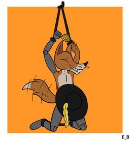 anthro bdsm bondage bound brown_body brown_fur clothing convenient_censorship eyes_closed fur hat headgear headwear kneeling male mostly_nude prosthetic prosthetic_arm prosthetic_leg prosthetic_limb smile solo tail erotic_diversion oldentale reynault_(oldentale) canid canine enfield fox mammal hi_res