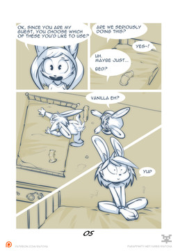 anthro bed dialogue duo female furniture inside male sex_toy text ratcha lagomorph leporid mammal rabbit 2017 absurd_res comic digital_media_(artwork) english_text hi_res multiple_scenes shaded