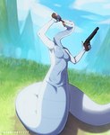 5_fingers alcohol anthro apode beer beer_bottle beverage blue_sky bottle breasts container day drinking drinking_beer eyes_closed featureless_breasts female fingers grey_body grey_scales gun holding_gun holding_object holding_ranged_weapon holding_shotgun holding_weapon legless long_neck motion_lines multicolored_body multicolored_scales outside ranged_weapon scales serpentine shotgun sky smile snout solo text two_tone_body two_tone_scales weapon white_body white_scales espectro111222 seki_(espectro111222) draconcopode naga reptile scalie snake 2025 artist_name digital_drawing_(artwork) digital_media_(artwork) hi_res watermark