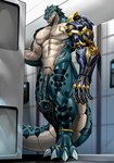 4_toes abdominal_scar abs anthro biceps black_body black_scales chest_scar claws countershading cybernetic_arm cybernetic_limb eyebrow_stud facial_spikes feet genitals gold_(metal) gold_tooth green_body green_penis green_scales head_spines long_penis low-angle_view male muscular muscular_anthro muscular_male obliques penile_spines penis scales scar sharp_teeth shower solo spikes spikes_(anatomy) stud_piercing tan_body tan_countershading tan_scales teeth toe_claws toes vein veiny_muscles yellow_sclera saft ryuichi_arasaka alligator alligatorid crocodilian reptile scalie 2024 hi_res