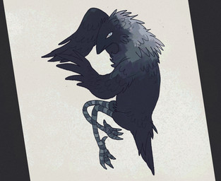 anthro blue_eyes feathered_arms feathers grey_body grey_feathers male male_anthro mouth_closed simple_background solo striped_legs tail tan_background strawgoatcult avian bird corvid jackdaw oscine passerine 2026 english_description full-length_portrait portrait