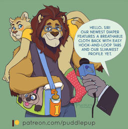 5_fingers ageplay anthro baby_bottle biped blue_eyes blush brown_mane carrying_another clothed clothing dialogue diaper diaper_bag diaper_under_clothing diaper_under_onesie duo_focus electronics embarrassed eyewear fingers footwear fur glasses green_background group infantilism interview male mane microphone onesie roleplay shaved_head simple_background socks speech_bubble text trio wearing_diaper puddlepup junior_(puddlepup) liondad_(puddlepup) felid lion mammal pantherine 2019 digital_media_(artwork) english_text low_res signature url father_(lore) father_and_child_(lore) father_and_son_(lore) parent_(lore) parent_and_child_(lore) parent_and_son_(lore) son_(lore)