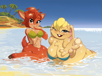 anthro belly_tuft big_breasts bikini blonde_hair breasts buckteeth butt chest_tuft cleavage clothed clothing detailed_background duo female female/female fur glistening glistening_body glistening_skin hair hand_on_mouth hooves looking_at_viewer narrowed_eyes open_mouth partially_submerged paws reaching_towards_viewer sitting smile swimwear tail tail_motion teeth thick_thighs tuft two-piece_swimsuit megadraws24 activision spyro_the_dragon bianca_(spyro) elora faun_(spyro) lagomorph leporid mammal rabbit absurd_res digital_media_(artwork) hi_res