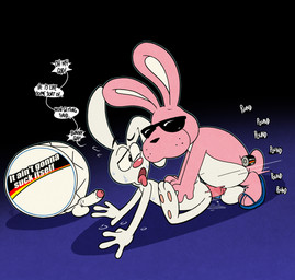 all_fours anal balls bodily_fluids drum erection eyewear genitals group humor long_ears male male/male male_penetrated male_penetrating male_penetrating_male mascot musical_instrument penetration penis percussion_instrument sex sunglasses sweat text trio argon_vile energizer general_mills trix energizer_bunny trix_rabbit animate_inanimate lagomorph leporid mammal rabbit english_text hi_res