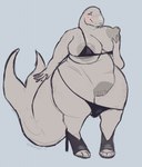 anthro big_breasts bikini bikini_down blush breasts clothing curvy_figure female fin footwear genitals grey_body high_heels holding_breast huge_breasts huge_thighs looking_at_viewer nipples non-mammal_nipples overweight overweight_anthro overweight_female pubes pussy shoes smile solo standing swimwear tail tail_fin thick_tail thick_thighs two-piece_swimsuit undressing voluptuous wide_hips vainovalkea cetacean mammal marine hi_res