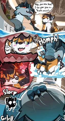 5_panel_comic after_vore anthro belly_grab black_body black_fur blue_body blue_fur blush bodily_fluids butt casual_nudity dialogue digestion duo emanata extended_sound_effect fur gooey_digestion green_eyes head_first inside internal male male/male melty_digestion mouth_shot nude onomatopoeia open_mouth oral_vore orange_body orange_fur red_sclera reverse_mouth_shot saliva saliva_string sound_effect_variant sound_effects speech_bubble splash swimming_pool teeth text tongue underwater vore water willing_prey howzit_toyah capcom monster_hunter domestic_cat fanged_wyvern felid feline felis mammal tobi-kadachi 2025 absurd_res comic english_text hi_res