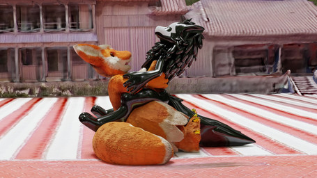 anthro black_body black_eyes brick brick_floor claws cowgirl_position dark_body detailed_background door duo food from_front_position fruit fur glistening glistening_body latex mask on_bottom on_top open_mouth orange_body orange_fur plant raspberry rooftop sex stairs stone_wall tail tree wall_(structure) white_body white_fur window raspberrydragon changed_(video_game) mythology pinkiraspberry puro_(changed) canid canine canis dark_latex dragon goo_creature mammal mythological_creature mythological_scalie scalie wolf 16:9 3d_(artwork) digital_media_(artwork) hi_res widescreen