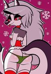 anthro blep butt christmas_clothing clothing female festive grey_hair hair holidays looking_at_viewer snowflake solo tail tongue tongue_out blackmore christmas helluva_boss mythology loona_(helluva_boss) canid canid_demon canine canis demon hellhound mammal mythological_canine mythological_creature wolf absurd_res hi_res