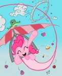 cake cupcake dessert domestic_pet duo female feral food fur hang_glider hang_gliding pink_body pink_fur sonic_rainboom nullh friendship_is_magic hasbro my_little_pony gummy_(mlp) pinkie_pie_(mlp) alligator alligatorid crocodilian earth_pony equid equine horse mammal pony reptile scalie