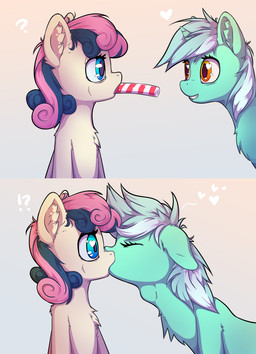 amber_eyes blue_eyes candy candy_cane cheek_bulge chest_tuft daww dessert duo eyelashes eyes_closed female female/female feral floppy_ears food fur green_hair grin hair heart_eyes heart_symbol horn inner_ear_fluff interrobang kiss_on_lips kissing love mouth_hold multicolored_hair neck_bulge purple_hair question_mark shocked simple_background smile stripes teeth tuft two_tone_hair white_hair senaelik friendship_is_magic hasbro my_little_pony mythology bonbon_(mlp) lyra_heartstrings_(mlp) earth_pony equid equine horse mammal mythological_creature mythological_equine pony unicorn 2018 absurd_res hi_res