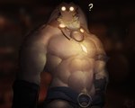 abs anthro arm_tuft barely_visible_genitalia barely_visible_penis belt big_biceps big_muscles big_pecs blurred_background clothed clothing deltoids detailed_background ears_down flaccid front_view fur genitals gloves glowing glowing_eyes handwear huge_muscles huge_pecs humanoid_genitalia humanoid_hands humanoid_penis ineffective_clothing inside jewelry light logo looking_at_viewer male mask mostly_nude mostly_nude_male muscular muscular_male neck_tuft necklace no_pupils pecs penis pink_penis pivoted_ears pubes question_mark ring solo standing topless topless_male tuft vein veiny_penis white_body white_fur white_pubes yellow_eyes zomacaius battlerite oldur mammal pilosan sloth xenarthran 2017 colored digital_media_(artwork) digital_painting_(artwork) half-length_portrait hi_res painting_(artwork) portrait shaded signature three-quarter_portrait