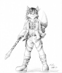 anthro belt black_nose boots claws clothing female finger_claws fist footwear fur hair holding_object jacket jewelry melee_weapon necklace polearm scarf shoes short_hair simple_background solo staff topwear weapon atticuskotch nintendo star_fox krystal_(star_fox) canid canine fox mammal 2009 monochrome signature