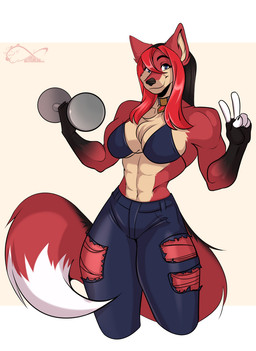 abs anthro big_breasts big_chest biped bottomwear breasts broad_shoulders clothing dipstick_tail exercise female markings multicolored_tail muscular muscular_arms muscular_female pants simple_background solo standing tail tail_markings torn_bottomwear torn_clothing torn_pants under_boob weightlifting white_tail_tip workout katfishcom sawyer_(end_of_et3rnity) canid canine canis mammal wolf 2021 digital_media_(artwork) shaded