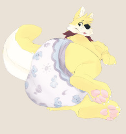 4_toes ambiguous_gender anthro black_nose brown_background butt butt_focus claws clean_diaper clothed clothing diaper fangs feet finger_claws fur head_tuft inner_ear_fluff invisible_geometry kerchief looking_back lying multicolored_body multicolored_fur neckerchief neckwear on_side open_mouth pawpads pink_pawpads red_kerchief red_neckerchief simple_background solo tail teeth toe_claws toes tuft two_tone_body two_tone_fur two_tone_tail wearing_diaper whisker_spots white_body white_claws white_fur white_inner_ear_fluff white_tail yellow_body yellow_fur yellow_tail seth-iova fang29_(character) canid canine canis domestic_dog hybrid kangaroo macropod mammal marsupial 2023 full-length_portrait hi_res portrait