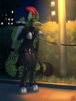 anthro bdsm beak bit_gag black_bodysuit black_clothing black_skinsuit blinders bodily_fluids bodysuit bondage bondage_gear bondage_gloves boots bound building chastity_cage chastity_device clothing collar exhibitionism eyewear feathered_wings feathers flat_chastity_cage footwear gag gagged genital_fluids green_body green_feathers halter handwear harness_bit_gag harness_gag hedge hoof_boots hoof_gloves horn horse_harness leaking_precum leopard_spots lock male metal night open_beak open_mouth padlock petplay plant plume ponyplay precum public public_exposure roleplay saliva shoes shrub sidewalk skinsuit solo spots straps street_lamp submissive submissive_anthro submissive_male tail tight_clothing tongue white_body white_feathers wings wings_tied espressothegoat mythology jaye_ventus avian gryphon mythological_avian mythological_creature 3:4 hi_res