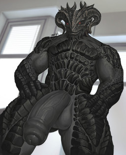 admiring admiring_penis admiring_self anthro balls biceps big_penis black_balls black_body black_glans black_horn black_penis black_scales black_skin blinds curved_horn foreskin genitals glans horn humanoid_genitalia humanoid_penis inside interior_background looking_at_genitalia looking_at_penis looking_at_self looking_down male muscular muscular_anthro muscular_male nude penis red_eyes red_sclera scales solo tailless thick_penis vein veiny_penis window variri dungeons_and_dragons hasbro wizards_of_the_coast dragonborn_(dnd) scalie
