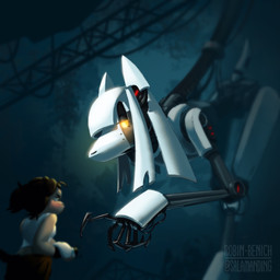 5_fingers anthro artificial_intelligence biped black_body blush brown_hair clothing detailed_background duo female fingers fur gesture glowing glowing_eyes hair hand_gesture light long_pseudo_hair machine pointing pointing_at_another portal_gun pseudo_hair red_body shirt size_difference tank_top text topwear white_body white_clothing white_pseudo_hair white_shirt white_tank_top white_topwear yellow_eyes salamanding portal_(series) valve valve_corporation chell gladog_(salamanding) glados joan_(salamanding) canid canine canis domestic_dog mammal robot robot_dog 1:1 2024 artist_name digital_drawing_(artwork) digital_media_(artwork) english_description hi_res lighting