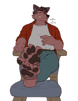 anthro bedroom_eyes black_pawpads bottomwear brown_body brown_fur chair claws clothing denim denim_bottomwear denim_clothing eyebrows feet foot_focus footstool fur furniture hair jeans male narrowed_eyes pants paw_markings pawpads raised_eyebrow red_clothing red_shirt red_topwear seductive shirt simple_background smile smirk solo toe_claws topwear yellow_sclera mofu_guys james_(videah) canid canine canis mammal wolf absurd_res flat_colors hi_res watermark