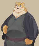 anthro asian_clothing black_claws blush cheek_tuft claws clothed clothing countershade_face countershading east_asian_clothing facial_tuft fully_clothed fur grey_background grey_clothing grey_yukata head_tuft japanese_clothing kemono male multicolored_body multicolored_fur neck_tuft obi overweight overweight_anthro overweight_male simple_background smile solo tan_body tan_countershading tan_fur tuft two_tone_body two_tone_fur yukata garouzuki canid canine canis domestic_dog mammal shiba_inu spitz 2022 colored half-length_portrait hi_res portrait