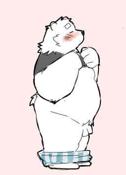 anthro balls belly black_nose blush clothed clothing clothing_lift eyes_closed flaccid genitals kemono larger_but_small male moobs overweight overweight_male partially_clothed penis shirt shirt_lift small_penis solo topwear underwear underwear_down white_body inunoshippo bear mammal polar_bear ursine 2026 hi_res