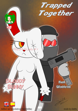 age_restriction ambiguous_gender anthro belt blush bodily_fluids bottomwear breasts clothed clothing coat doll duo eyewear female fur genitals glasses grey_body gun headgear headwear holding_object holding_weapon kerchief knife looking_at_another mask melee melee_weapon multicolored_eyes ranged_weapon red_eyes red_eyewear red_glasses red_nose stitch_(sewing) submachine_gun tailless text topwear uzi vulva weapon white_body white_fur yellow_eyes otakon_(artist) 2spot_studio bloody_bunny_(series) madness_combat bloody_bunny hank_j._wimbleton animate_inanimate lagomorph leporid living_doll mammal nevadean_(madness_combat) rabbit absurd_res character_name comic cover cover_art cover_page crossover digital_media_(artwork) english_text hi_res