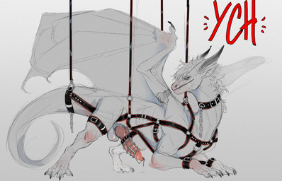 animal_genitalia animal_penis balls bdsm belt belt_buckle bent_legs bent_over bodily_fluids bondage bound buckle chastity_cage chastity_device claws dripping drooling feral genital_fluids genitals hair harness horn knot knotted_penis leaking_precum male membrane_(anatomy) membranous_wings penis precum precum_drip red_text saliva saliva_on_face scales solo tail_harness text white_body white_hair white_scales wings chillingsmite mythology dragon mythological_creature mythological_scalie scalie 2025 colored digital_drawing_(artwork) digital_media_(artwork) hi_res shaded sketch
