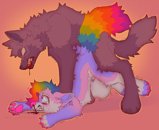 anal anal_penetration animal_genitalia blood blood_in_mouth bloodshot_eyes bodily_fluids claws crying dark_body dark_fur duo ears_back ears_down feral feral_on_feral forced from_behind_position fur genitals hair half-erect lipsticking male male/male male_penetrated male_penetrating male_penetrating_male multicolored_hair multicolored_tail nosebleed pain painful_penetration pawpads penetration penis penis_tip pink_nose pink_pawpads pinned pinned_to_ground pinning_down pivoted_ears purple_penis quadruped rainbow_hair rainbow_tail rape sex sheath sparklefur tail tears thrusting m1ss1ngtexture halo_(m1ss1ngtexture) canid canine canis mammal 2023 colorful_theme digital_drawing_(artwork) digital_media_(artwork) hi_res