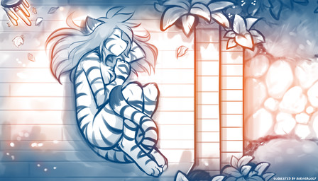 anthro biped breasts butt casual_nudity chest_tuft curled_up digitigrade eyes_closed featureless_breasts feet female fingers fur hair high-angle_view lying markings musical_note musical_symbol nude nude_anthro nude_female on_side outside patio smile solo striped_body striped_fur striped_markings striped_tail stripes symbol tail tail_markings toes tuft conditional_dnp tom_fischbach twokinds flora_(twokinds) felid keidran mammal pantherine tiger 2025 7:4 digital_drawing_(artwork) digital_media_(artwork) hi_res monochrome sketch spot_color