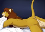 anthro anus balls bed bed_sheet bedding furniture genitals looking_at_viewer lying male mane on_bed on_front raised_tail solo suggestive tail tail_anus caraluca disney the_lion_king fan_character zilvus felid feline lion mammal pantherine hi_res