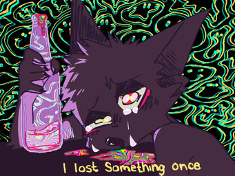 abstract_background alcohol ambiguous_gender anthro beverage black_body black_fur bodily_fluids bottle cheek_tuft container crying drinking drunk facial_tuft fur half-closed_eyes humor narrowed_eyes open_mouth psychedelic psychedelic_background solo substance_intoxication tears text tuft lamekun kun_(lamekun) domestic_cat felid feline felis mammal 4:3 english_text hi_res nonbinary_(lore)
