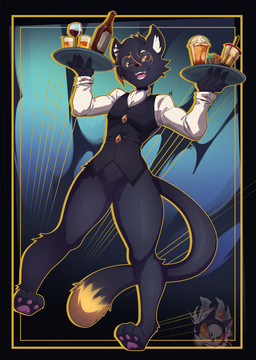 alcohol anthro beer beverage black_body black_fur bottle bottomless bottomless_anthro bottomless_male clothed clothing container dipstick_tail eyewear fangs fur glasses inner_ear_fluff male markings open_mouth open_smile pawpads smile solo tail tail_markings teeth tuft waiter wine mr._deathcat knight_(knight) domestic_cat felid feline felis mammal 2026 absurd_res hi_res