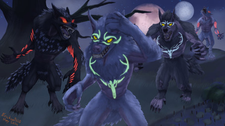 albino anthro arm_tuft black_body black_claws black_fur black_nose blue_markings brown_body brown_fur cattail_(plant) chest_tuft claws crotch_tuft dead_tree detailed_background dewclaw elbow_tuft facial_hair fangs fangs_bared female foggy_background full_moon fur glowing glowing_eyes glowing_markings grass green_markings group light lily_pad male markings moon moonlight moss multicolored_body neck_tuft night nipples open_mouth outside pecs pink_body pink_claws pink_nose plant pupils red_markings rock skull_(marking) sky slit_pupils snarling star starry_sky swamp tail teeth tongue tree tuft two_tone_body water white_body white_fur yellow_eyes yellow_sclera erickson9610 microsoft mythology the_elder_scrolls the_elder_scrolls_online canid canine mammal mythological_canine mythological_creature werecanid werecanine werecreature werewolf 16:9 2026 digital_media_(artwork) full-length_portrait hi_res portrait signature widescreen