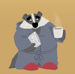 anthro beverage black_body black_fur black_nose clothing coffee container cup fur male mature_male mug newspaper overweight overweight_male robe simple_background solo standing tired white_body white_fur bencomedion beastly_crimes beastly_crimes_(2024) chief_badger badger mammal mustelid musteline 2025 hi_res