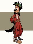 alternative_fashion anthro belt brown_background clothed clothing disability half-closed_eyes hand_in_pocket male narrowed_eyes on_model pockets prosthetic prosthetic_foot simple_background solo steampunk white_background ciervorobot disney goof_troop max_goof canid canine canis domestic_dog mammal absurd_res hi_res