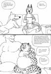 anthro balls bed benjamin_clawhauser bernielover bovid bovine canid canine canis cape_buffalo caprine cheetah comic disney english_text felid feline fur furniture genitals group hi_res male mammal monochrome nude officer_wolfard on_bed profanity simple_background smile speech_bubble text white_background wolf zootopia