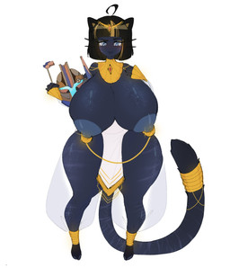 accessory anthro areola armor big_areola big_breasts black_hair blonde_highlights blue_body blue_eyes blue_fur blush breasts chain clothing ear_piercing egyptian egyptian_clothing female fur furgonomics gem gesture gold_(metal) gold_jewelry hair hand_gesture headgear helmet highlights_(coloring) holding_armor holding_headgear holding_helmet holding_object jewelry mandalorian_helmet markings neni_mau_(nickzilla) nick(chief)_(nickzilla) nipple_piercing nipples piercing solo spots spotted_body spotted_fur striped_markings stripes tail tail_accessory tail_jewelry thick_thighs usekh v_sign whiskers qweeks domestic_cat felid feline felis mammal pantherine hi_res
