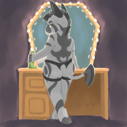 anthro desk eyebrows female fingers furniture green_eyes grey_body hooved_fingers hooves mirror mohawk slightly_chubby slightly_chubby_female solo strapon stripes table vanity_mirror sabrinaleaarts equid equine mammal zebra 1:1 absurd_res hi_res nonbinary_(lore)