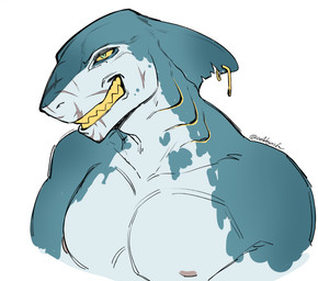 anthro blue_body blue_eyes earless fin fin_piercing front_view furgonomic_piercing furgonomics gills grin head_fin looking_at_viewer male male_anthro muscular muscular_anthro muscular_male narrowed_eyes nude pecs piercing scar simple_background smile solo teeth white_background white_body yellow_sclera yellow_teeth cobu aquatic fish shark bust_portrait portrait signature
