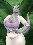 anthro big_breasts breasts clothed clothing disguise female forest hands_on_hips horn jungle lipstick looking_at_viewer makeup nipples non-mammal_breasts plant red_eyes solo thick_thighs translucent translucent_clothing tree wide_hips arttukorppu jurassic_park jurassic_world universal_studios dinosaur indominus_rex prehistoric_species reptile scalie theropod absurd_res hi_res