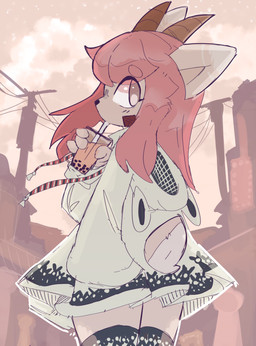 ambiguous_gender beverage bubble_tea clothing dress drinking hair hoodie horn looking_at_viewer looking_back looking_back_at_viewer pink_hair simple_background solo topwear iceeon bovid caprine goat mammal digital_media_(artwork) hi_res