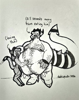 anthro belly belly_overhang big_belly big_tail black_nipples body_hair digitigrade duo fangs fat_neck fat_rolls hair hand_behind_head hand_on_belly hooves horn hug huge_belly huge_tail huge_thighs imminent_vore male male/male markings moobs morbidly_obese morbidly_obese_anthro morbidly_obese_male navel nipples obese obese_anthro obese_male overweight overweight_anthro overweight_male plantigrade rumbling_stomach sharp_teeth size_difference spade_tail striped_horn striped_markings striped_tail stripes tail tail_markings teeth text thick_tail thick_thighs tuft white_hair conditional_dnp electricpants138456 hellaverse helluva_boss moxxie_(helluva_boss) striker_(helluva_boss) demon demon_humanoid humanoid imp 2026 absurd_res dated hatching_(art) hi_res monochrome shaded signature traditional_media_(artwork)