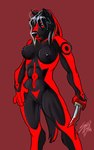 anthro black_nose blood bodily_fluids breasts female genitals knife nipples nude pussy smoke solo tail tattoo solidasp canid canine canis mammal wolf source_request